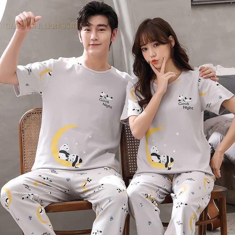 Summer Big 4XL Couple Pijama Knited Cotton Matching Pajamas Sets Long Pant Sleepwear Pyjamas Night Suits Pijamas Size Homewear Y240913