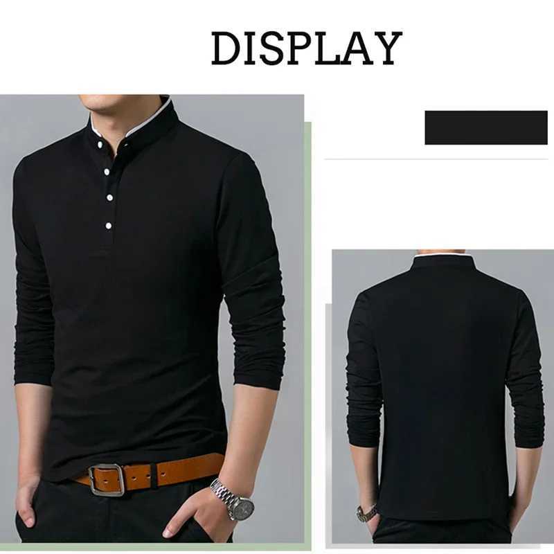 Mens fashionable long sleeved polo shirt casual cotton breathable top stand up collar Korean style comfortable T-shirt top W2409134