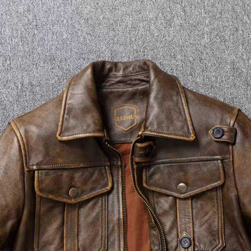 Mens Genuine Leather Jacket Natural Cowhide Hunting Jacket First Layer Cowhide American Retro Motorcycle Jacket Short JacketX240913
