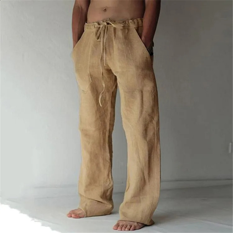 Casual mens cotton and linen pants with fashionable solid pockets drawstring pocketsT rousersa rec omfortablel oosel o 240913
