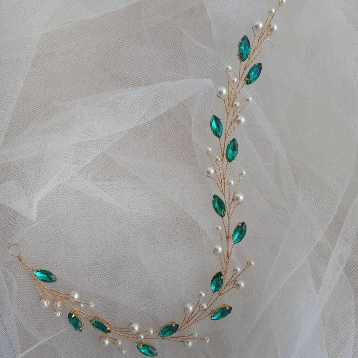 Women Emeralds Rhinestone Crystal Headband Wedding Hair Accessories Luxurious Pearl Bride Headwear Jewelry VineX240913