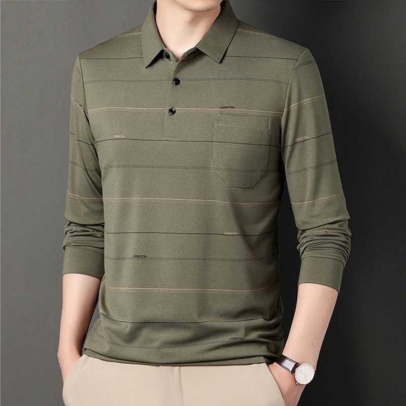 Mens high-quality Korean fashion striped polo shirt spring and autumn casual long sleeved T-shirt mens Pullover basic top W240913