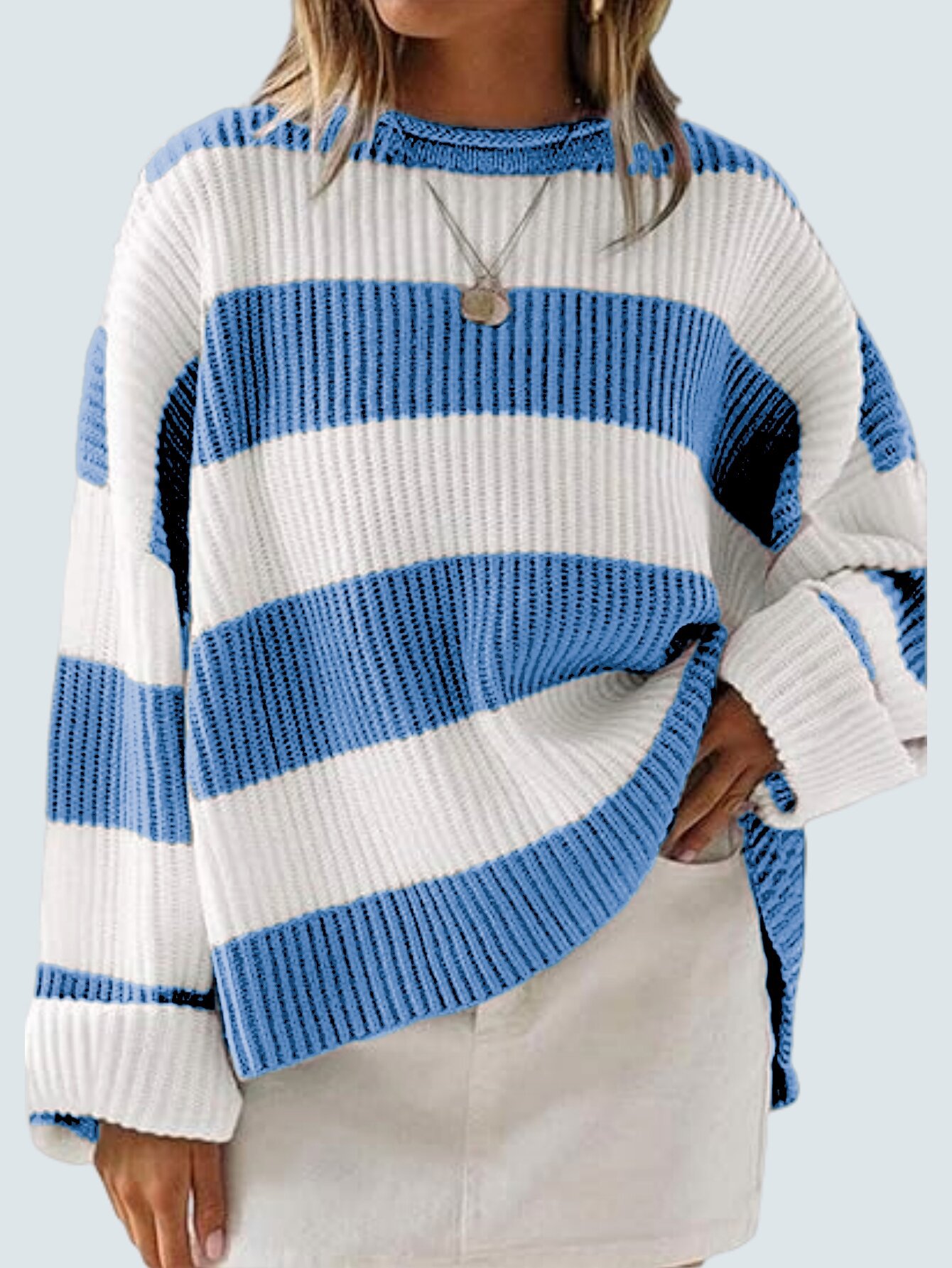 Women's 2024 Fall Long Sleeve Crew Neck Striped Color Block Comfy Loose Oversized Knitted Pullover Sweater