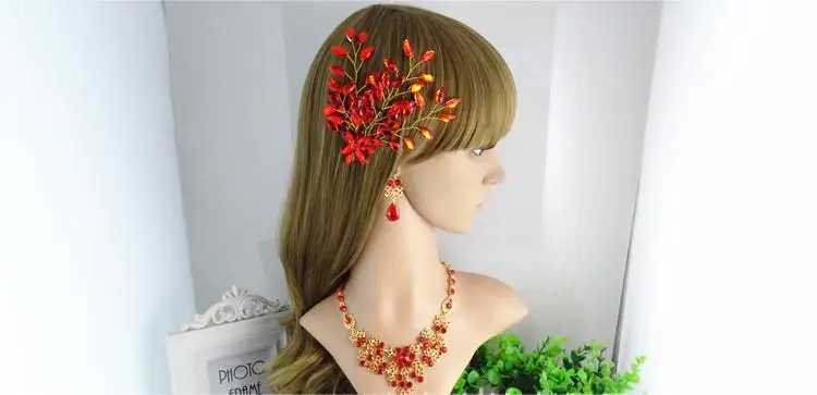 Big Leaf Bridal Head Jewelry Piece Flower Red Rhinestone Hair Vine Chinese Wedding Hair Accessories For Bridesmaid Head DressX240913