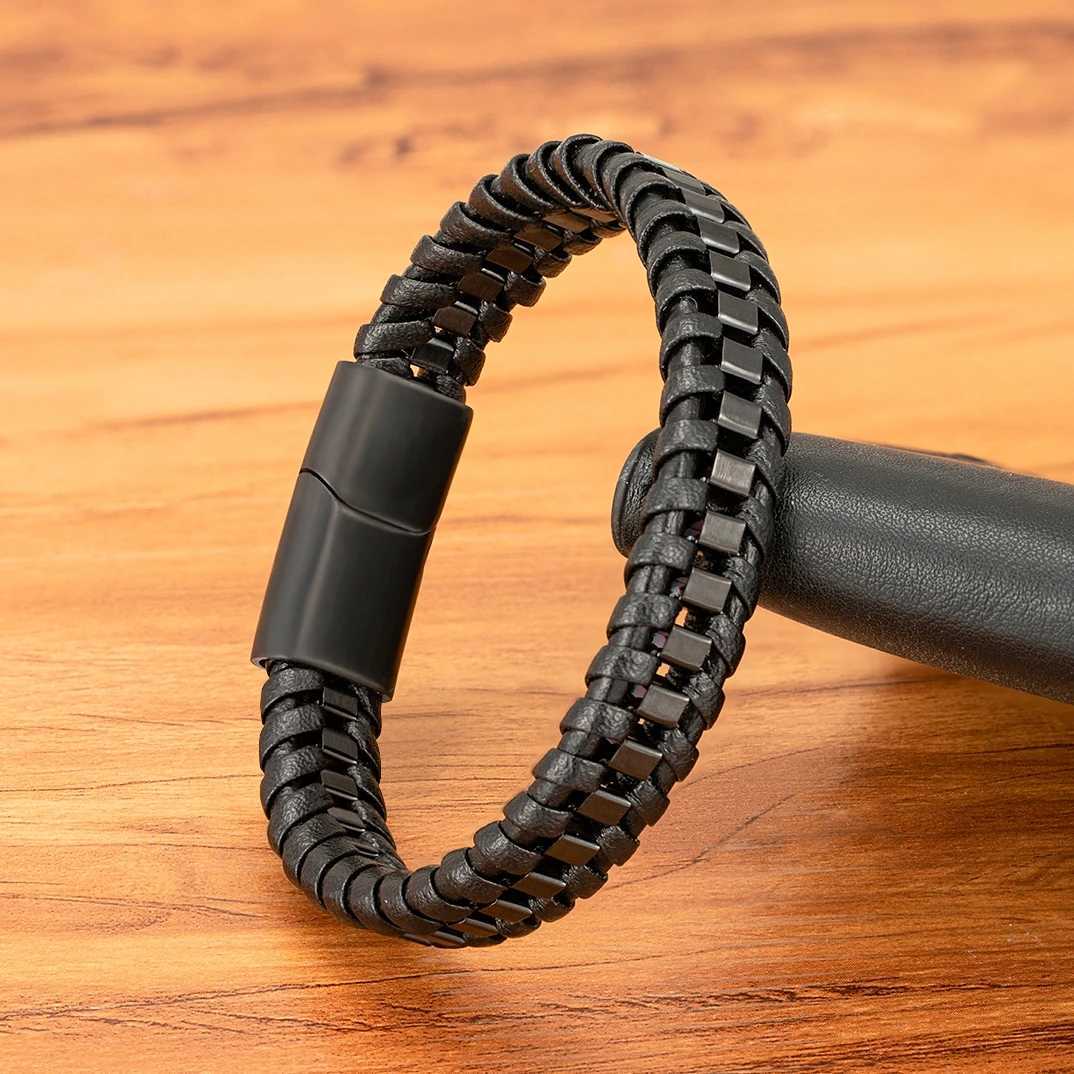 XQNI Braided Rope Woven Black Leather Men Bracelets Punk Style Stainless Steel Bangle for Friend Charm Fashion Jewelry GiftsX240913