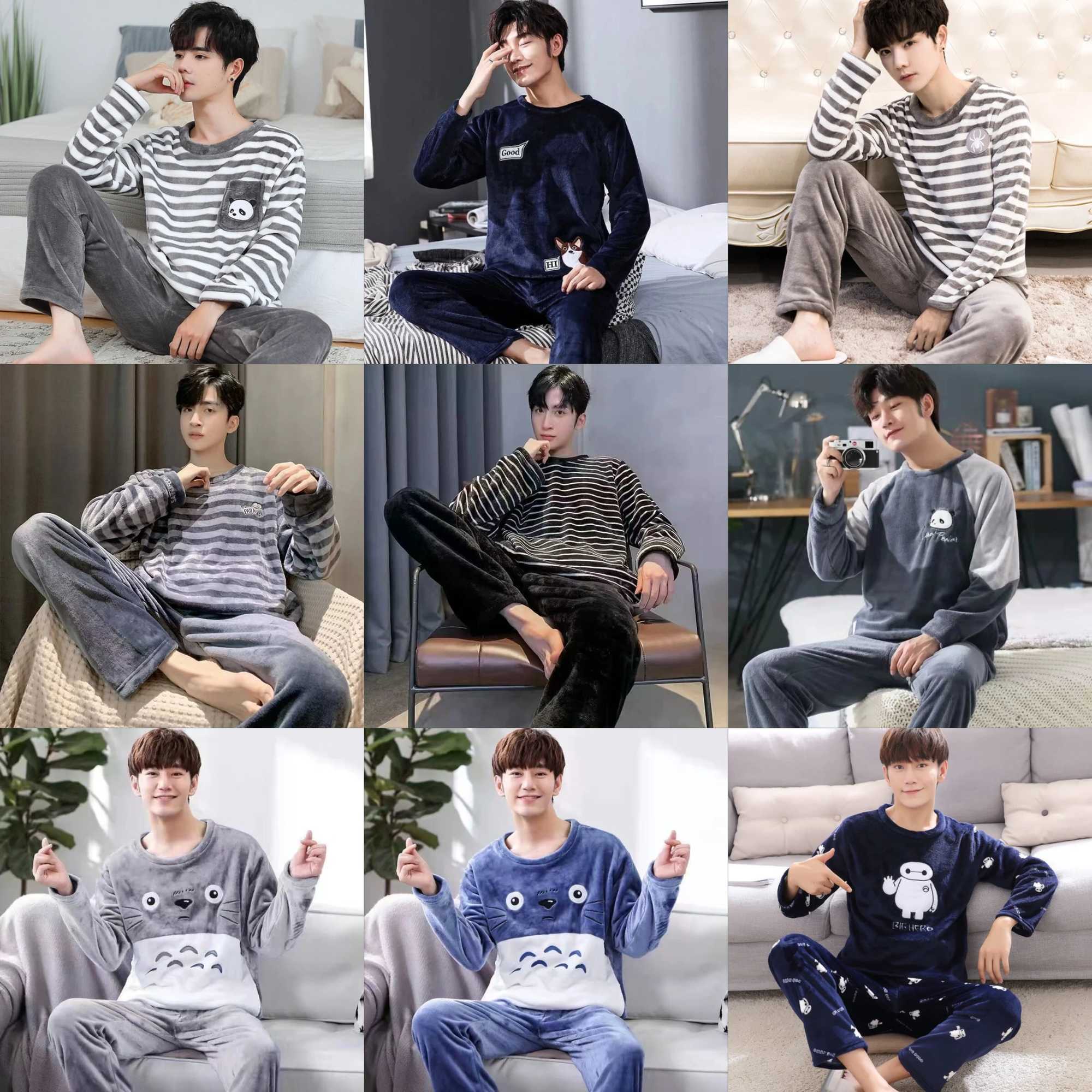 Autumn And Winter 2-Piece Set Of Mens Coral Fleece Pajamas Long-Sleeved Long Trousers Boys Winter Thickened And Padded Mens Au Y240913