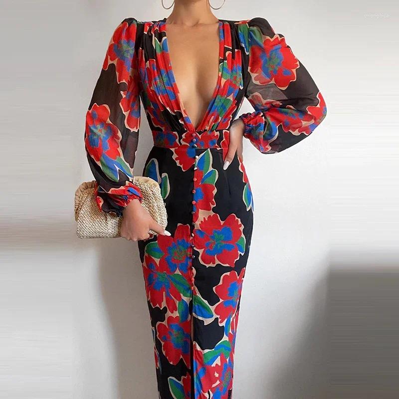 Casual Dresses Sexy Women Deep V-Neck Slit Party Dress Spring Summer Lantern Sleeve Slim Fit Bodycon Elegant Printed Evening
