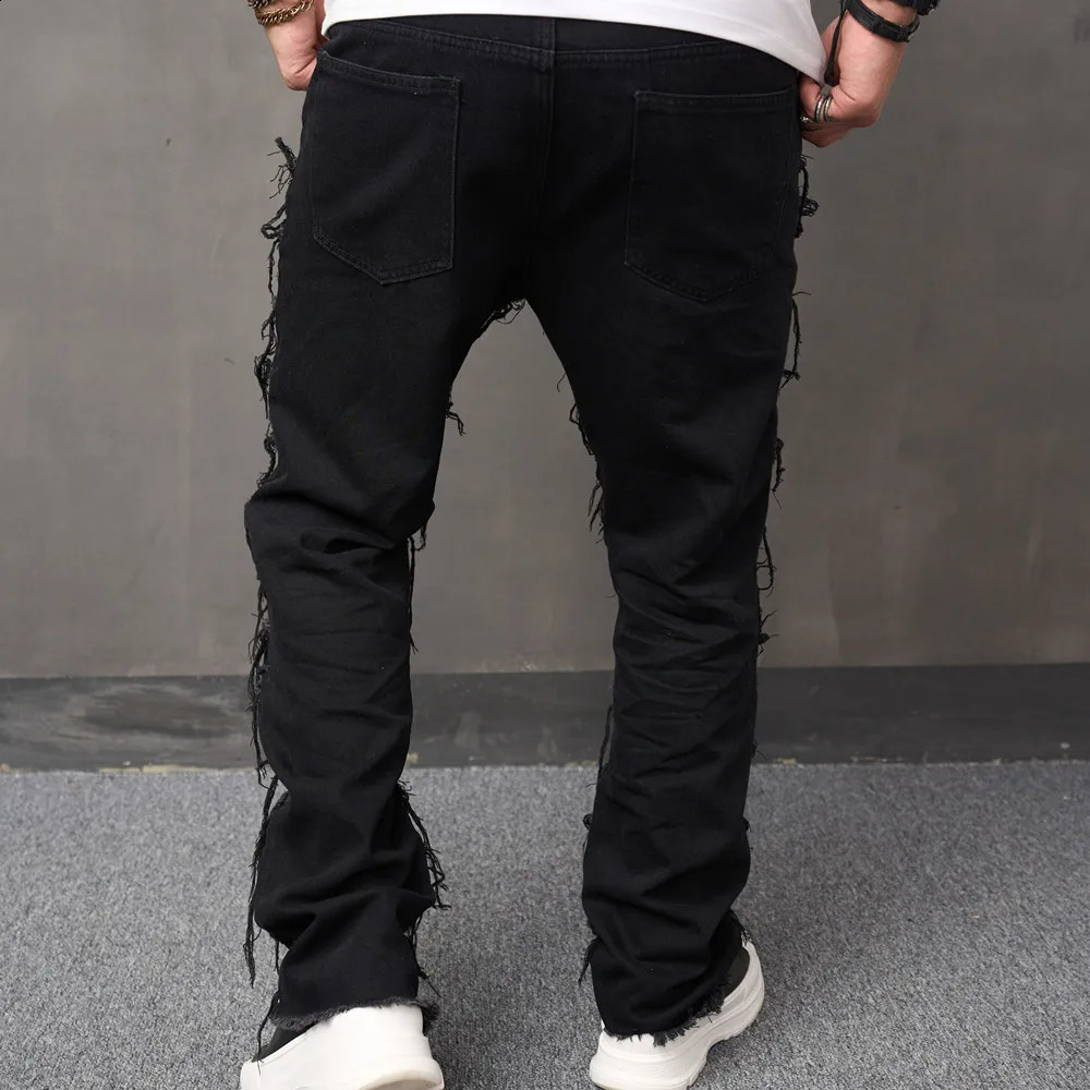 Fashion Mens Stacked Spliced Loose Biker Jeans Hip Hop Men Straight Denim Trousers Streetwear Male Casual Denim Pants 240912