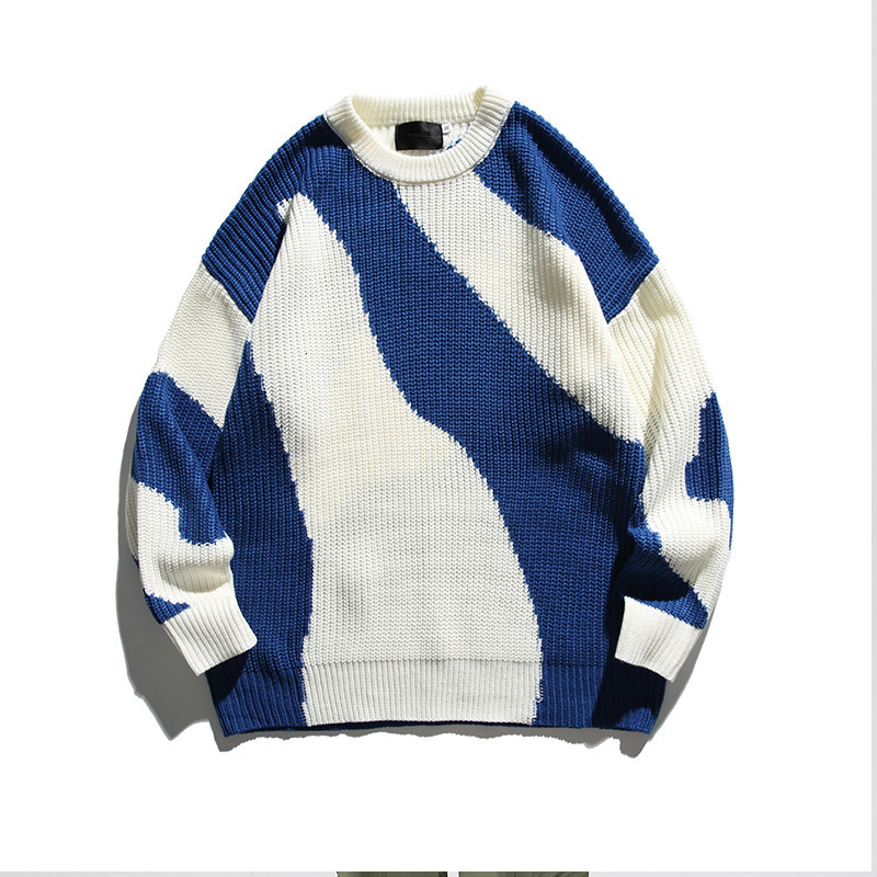 Men Sweaters American retro color blocked round neck sweater Korean version mens loose and trendy long sleeved casual knit sweater Mens crew neck swea