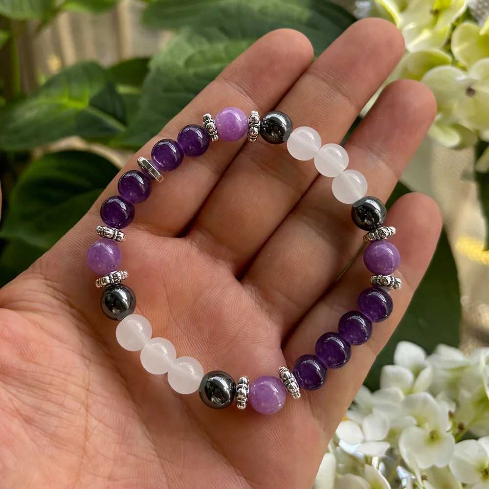 Amethyst and Hematite handmade natural stone bead bracelet for sleep elasticity anti-aging neutral gemstone -1 piece W240913