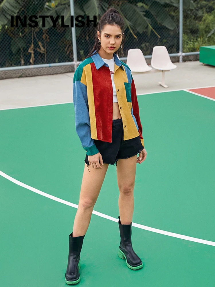 Instylish Womens Autumn Corduroy Patch Work Jacket Retro Harajuku Hit Color Loose Baseball Street Clothing Bomber 240913