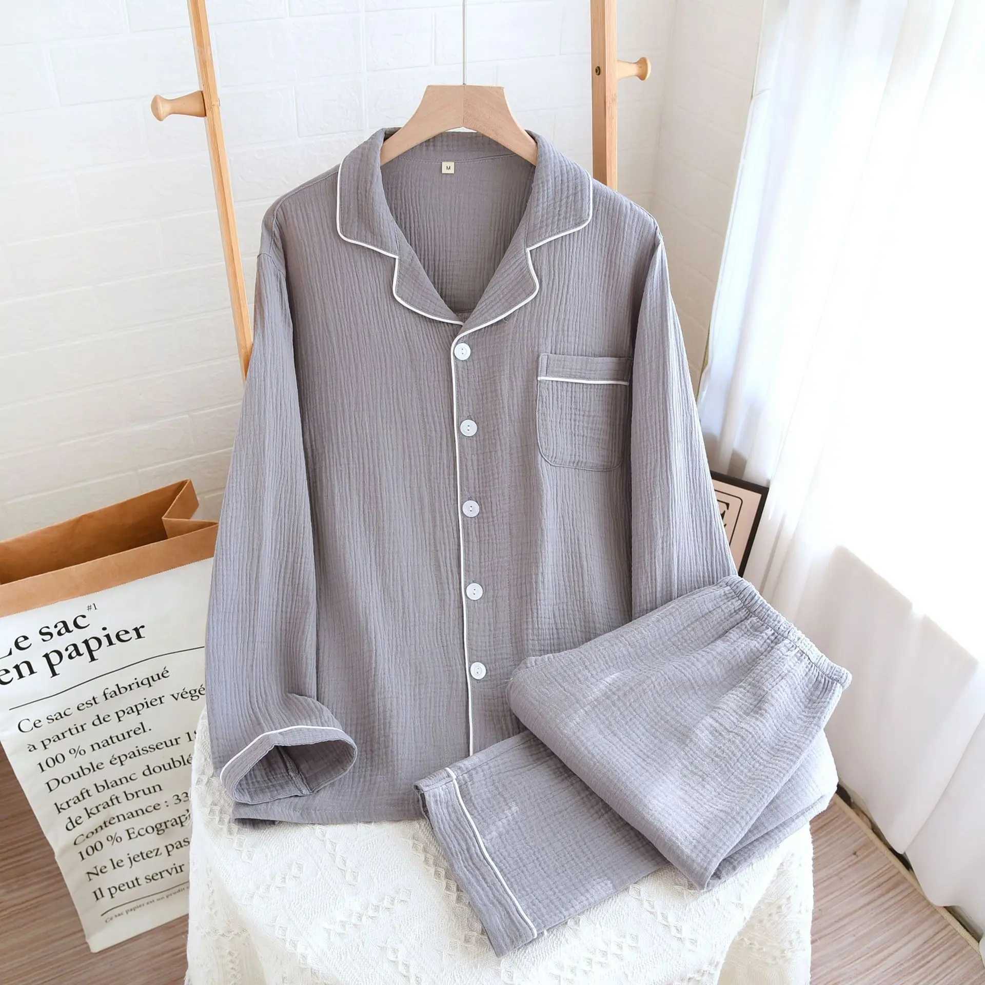 Mens Pajamas Cotton Double Gauze Loungewear Soft Long Sleeves Trousers Plus Size Solid Sleepwear Pocket White Edge Pajama Set Y240913