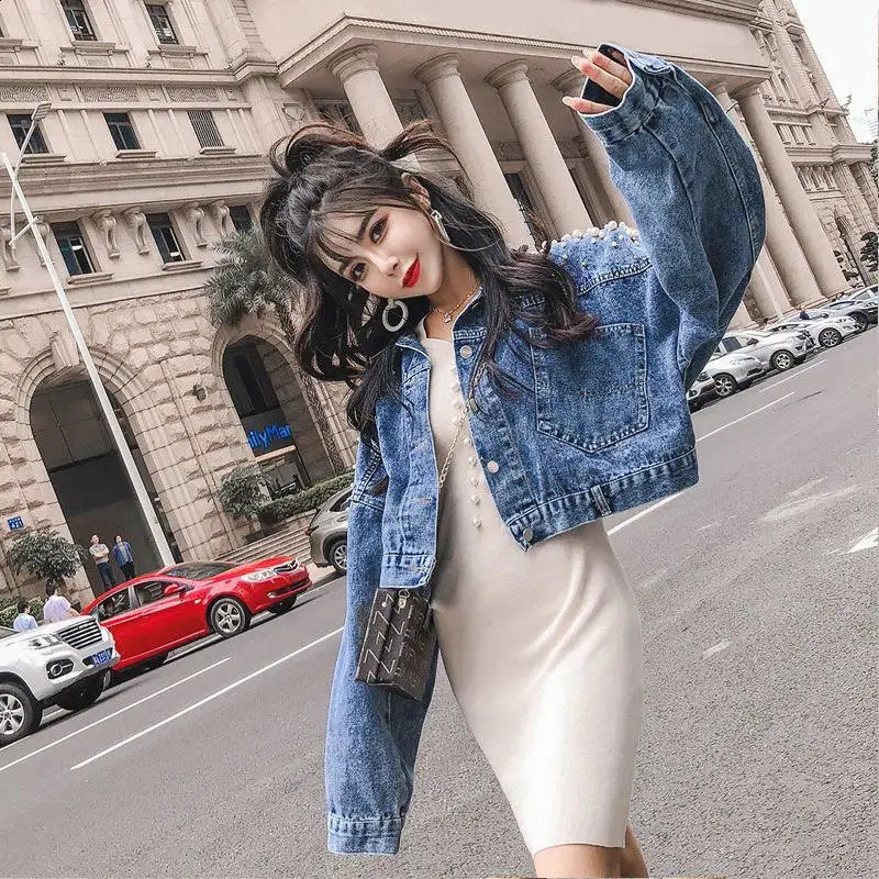 Retro denim jacket womens clothing autumn Korean fashion version polo neck short jacket beads loose casual jacket womens top 240906