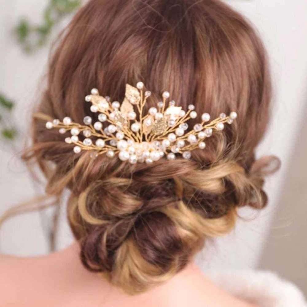 Gold Color Leaf Hair Combs Jewelry Rhinestone Pearl Hair Comb Tiaras Women Headpiece Wedding Bridal Hair Jewelry Accessories SLX240913