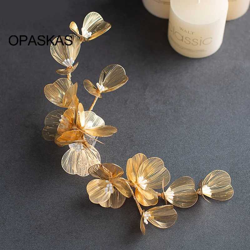 Golden Flower Hairband Bride Wedding Hair Accessories Luxury Metal Floral Crowns Beads Adjustable Tiaras Marriage Hair JewelryX240913