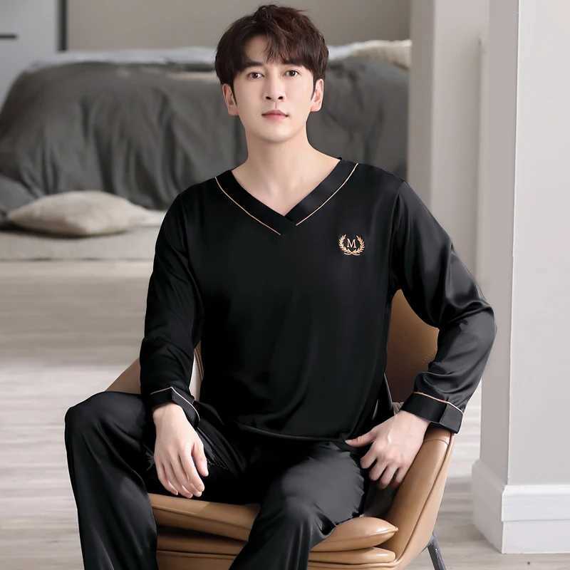 Men Pajamas Sets Silk Satin Pijamas Hombre V Collar Sleepwear Long Sleeve Spring Nightwear Male 2 Pieces Sets Homewear Y240913