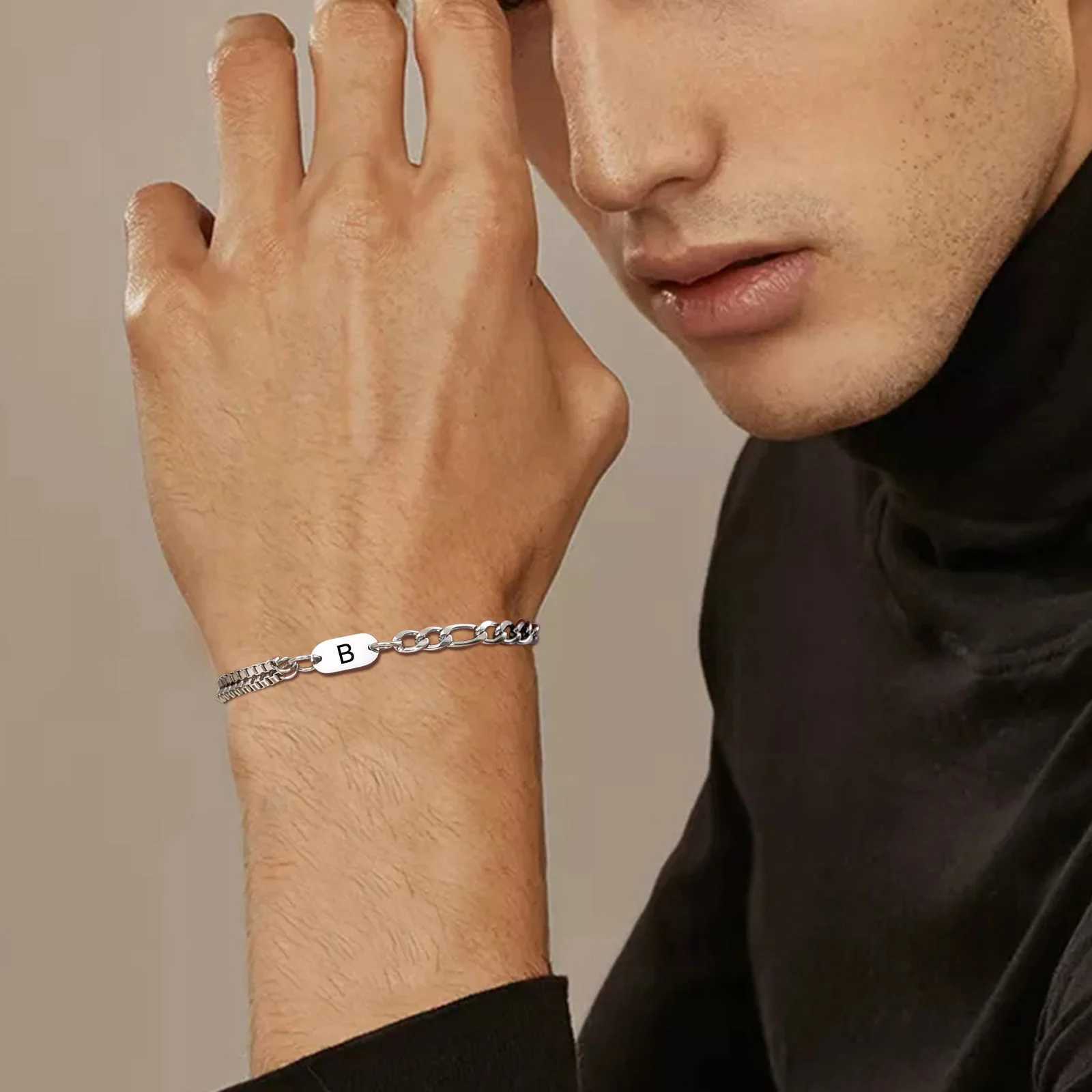 Vnox Unisex Stackable Box Chain Bracelets Waterproof Fogaro Cuban Chain 26 Letters Name Bracelets Gift for Men WomenX240913