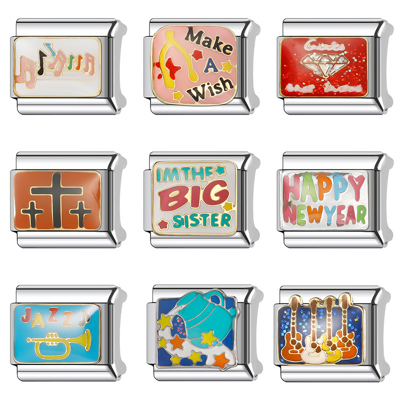 New Women's Gift Joyful and festive happy new year Bead Italian Charms Links Bangle Beads Fit 9mm Stainless Steel Bracelet Making DIY For Women F