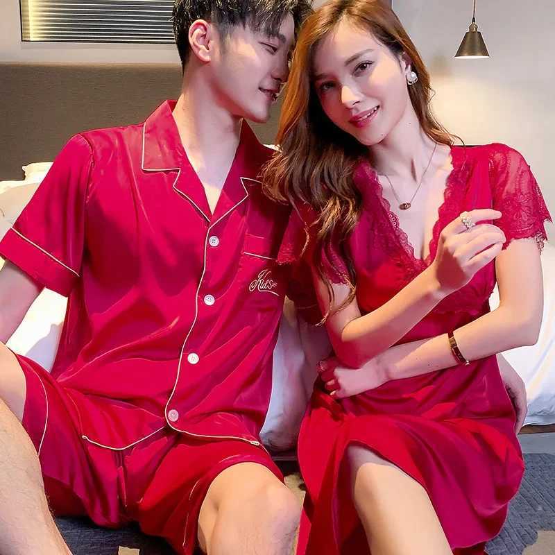 Couples Satin Silk Nightwear Plus Size Mens Short Sleep Sleeves Sleep Tops Shorts Pajamas Set Women Nightdress Home Clothes Y240913