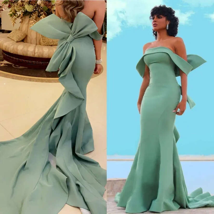 Green Elegant Mermaid Mint Evening Dresses Bow Tie Back Strapless Satin Special Ocn Gowns Women Prom Party Wear Custom Made