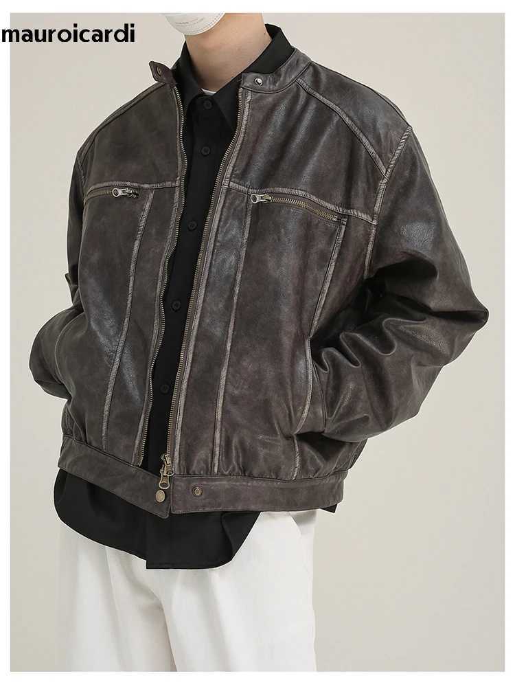 Mauroicardi Spring Autumn Short Vintage Cool Distressed Washed Pu Leather Moto Biker Jacket Men Zipper Luxury Designer ClothesX240913