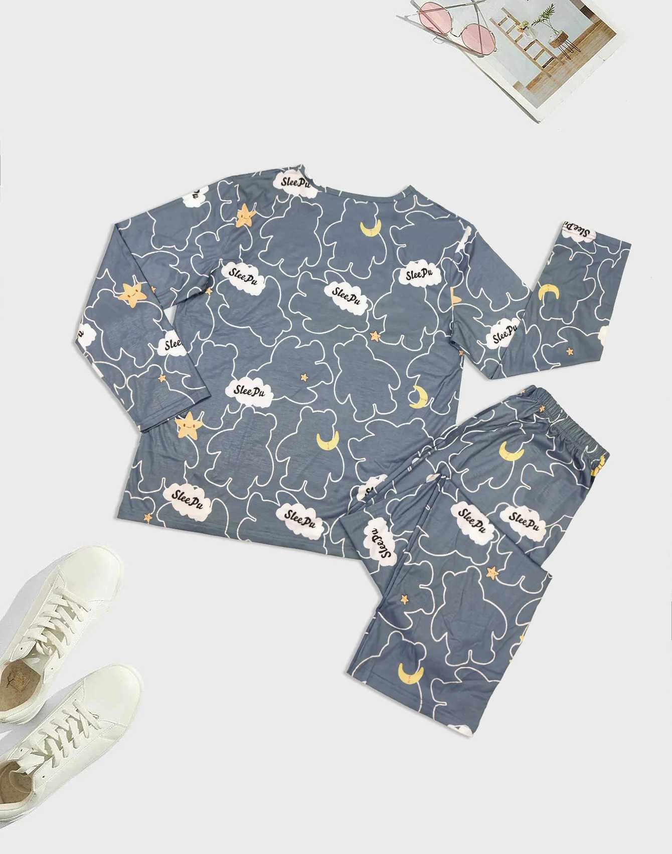 Mens Fashion Lazy Casual Style Pajamas Cartoon Full Flower Pattern Home Furnishing Set Long sleeved Pants Two piece Set for Men Y240913