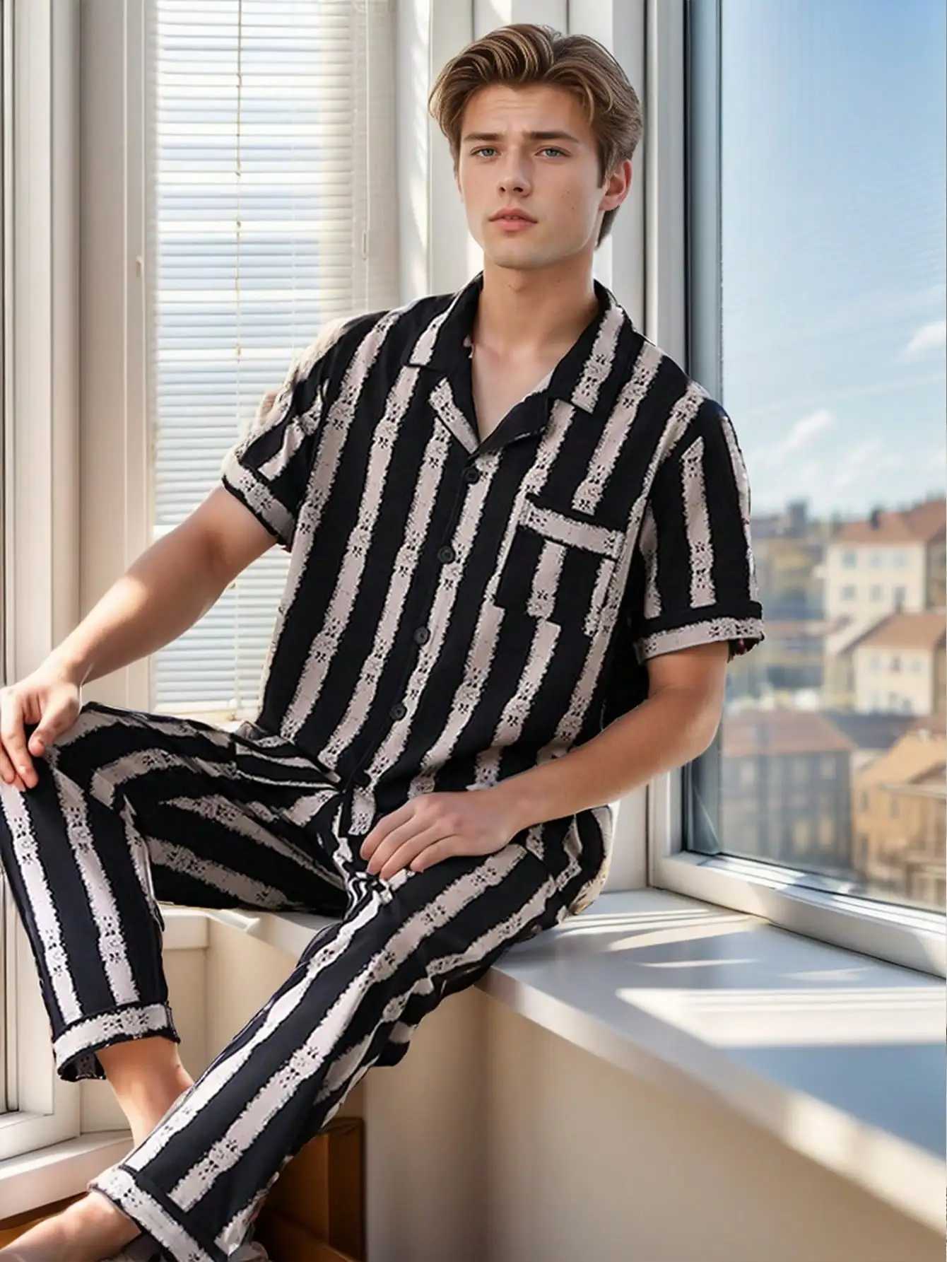 Mens Summer Cardigan Lapel Casual Short Sleeve Thin Suit Home Wear Y240913