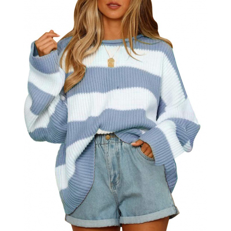 2024 autumn and winter round neck long sleeved color blocked striped knitted for women's trumpet sleeve sweater