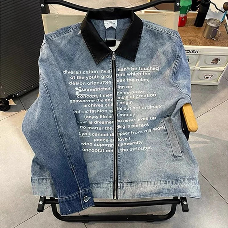 Mens Clothing Vintage Letter Zipper Denim Jacket Mens Spring And Fall Lapel Washed Biker Jacket Outerwears Coats Y2k 240913