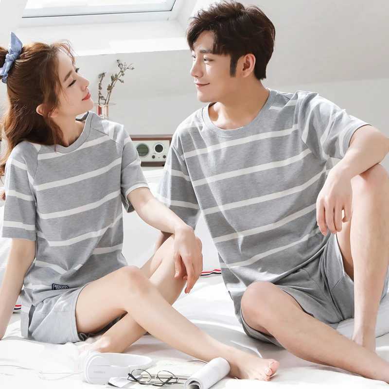 Couple Nightwear Suit Summer Sweet Short Sleeve Pajamas Striped Casual Homewear Men Big Yards M-3XL Cotton Pijamas Mujer Y240913