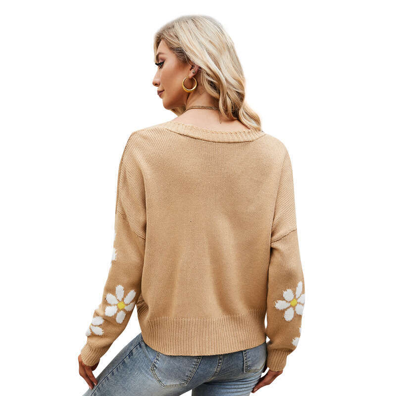 Jacquard knitted cardigan V-neck sweet loose sweater jacket