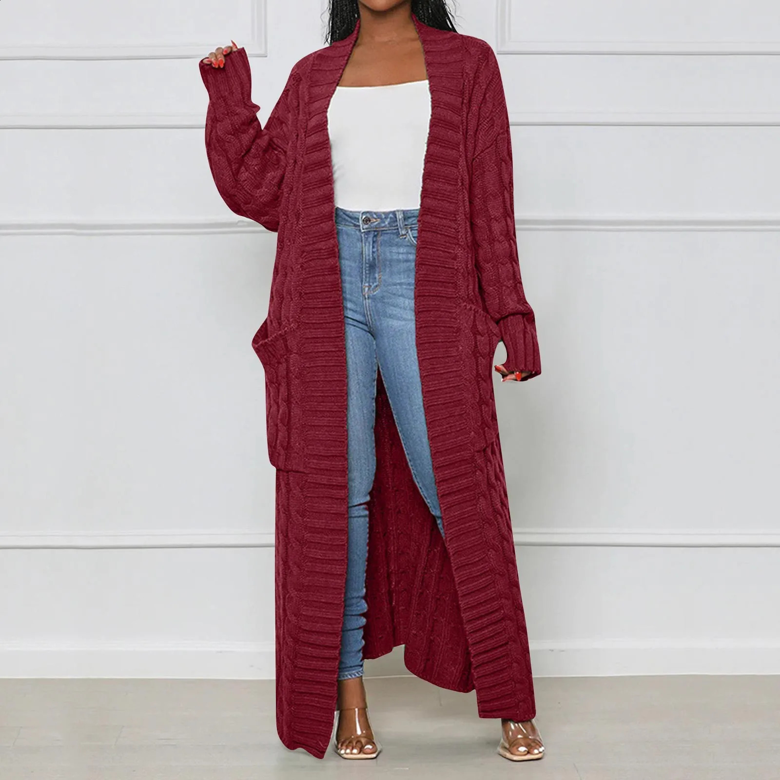 Thicken Long Cardigan Women Green Knitted Crochet Loose Full Sleeve Female Sweater Autumn Winter Warm Casual Lady Overcoats 240904