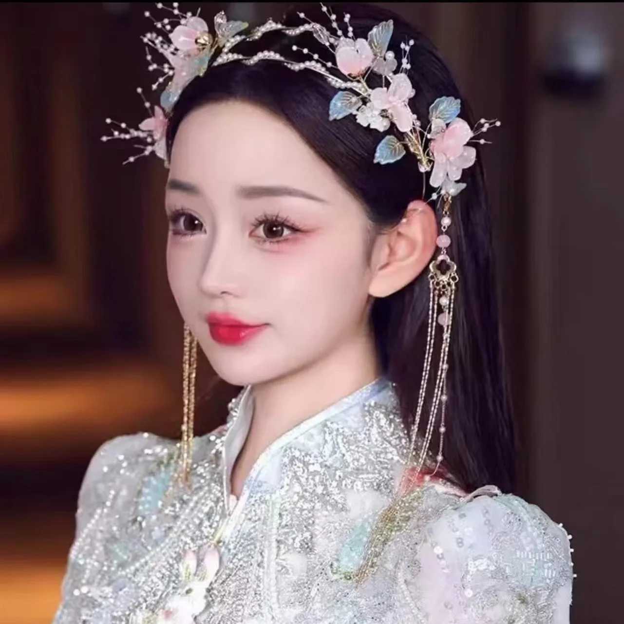 Pearl Hairband Chinese Hanfu Hair Accessoreis Floral Long Tassel Headband Vintage Wedding Hair Hoop Fairy Hair Jewelry For WomenX240913