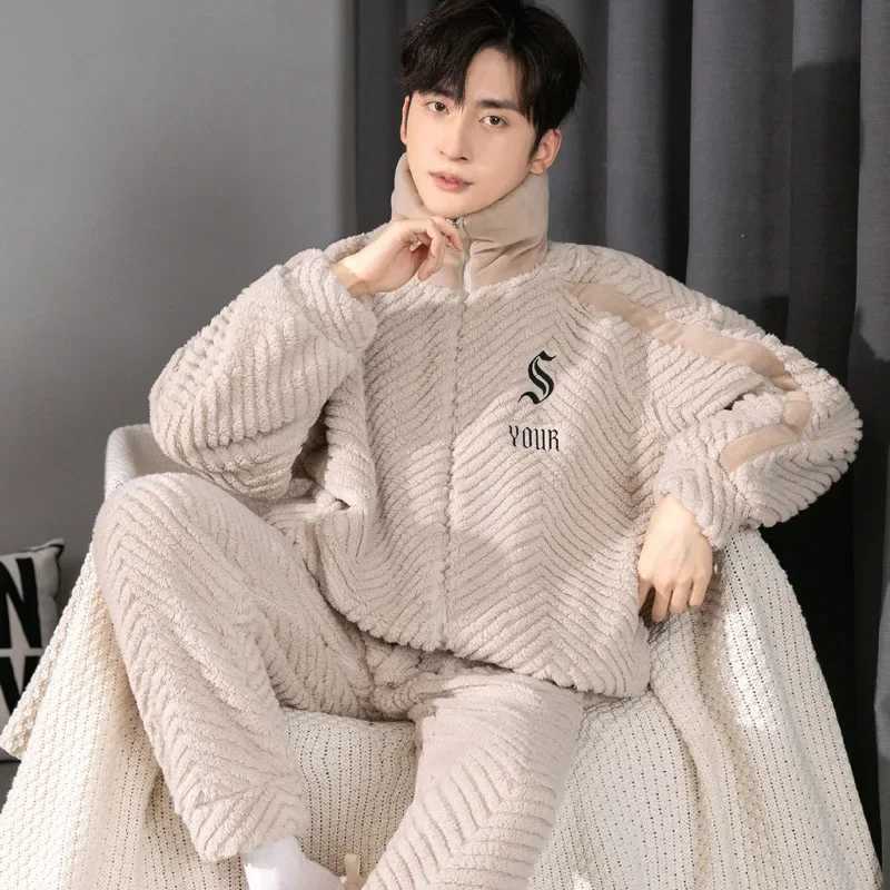 Letter Print Mens Zipper Pajama Sets Coral Fleece Winter Warm Pajamas Male Thick Homewear Stand Collar Thermal Flannel Sleepwear Y240913