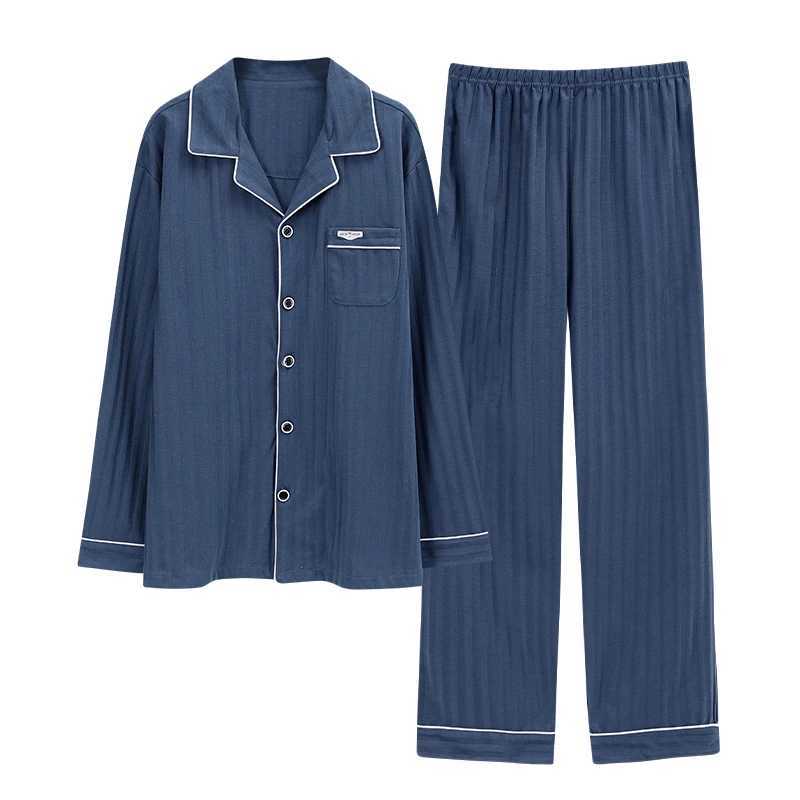 Blue Men Pajamas Set Long Sleeves Long Pants Autumn Winter Simple Sleepwear Casual Pijamas Male Pyjamas Soft Nighty Cozy Pjs Boy Y240913