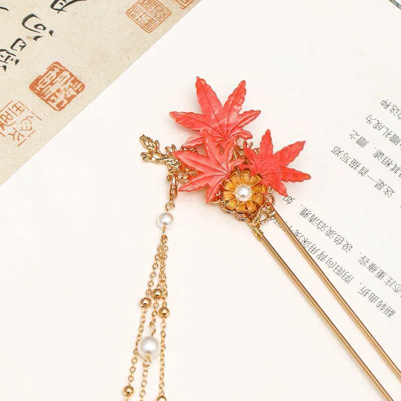 New Retro Autumn Maple Leaf Hairpins Clips Hair Sticks Forks Hair Combs Tassel Necklace Bride Noiva Wedding Hair JewelryX240913
