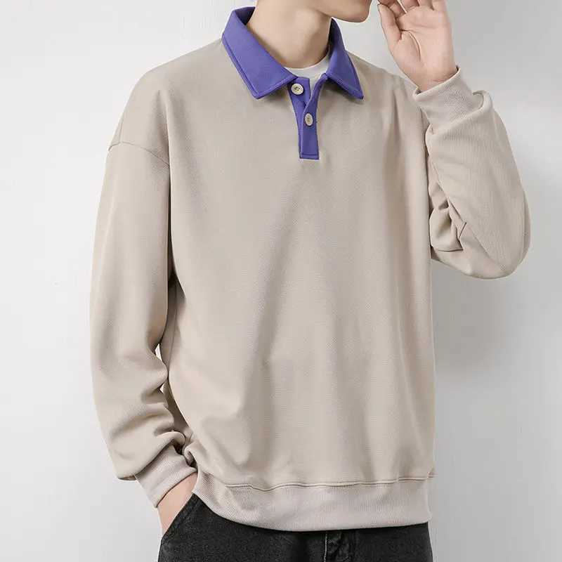 Oversized European and American fashion top with patchwork buttons long sleeves simple solid color decal polo shirt W240913