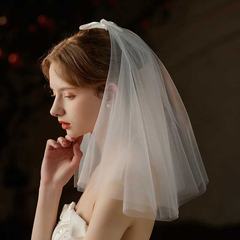 V740 Wedding Bridal Short Veil Two-Layer Tulle Satin Bow White Shoulder Handmade Brides to Be Women Headdress VeilX240913