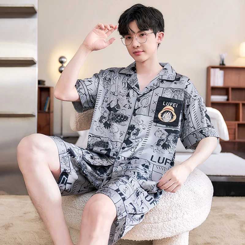 2024 Summer Men Sleepwear Big Size Pajamas Male Ice Silk Cute Pijama With Shorts Pants Satin Nightwear Clothes Modern Nightgown Y240913