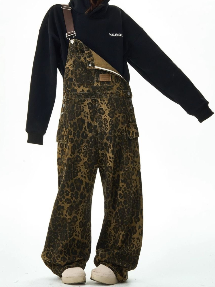 Leopard print suspender jeans ladies n high street hiphop fashion ins high-end sense of loose-fitting wide leg pants
