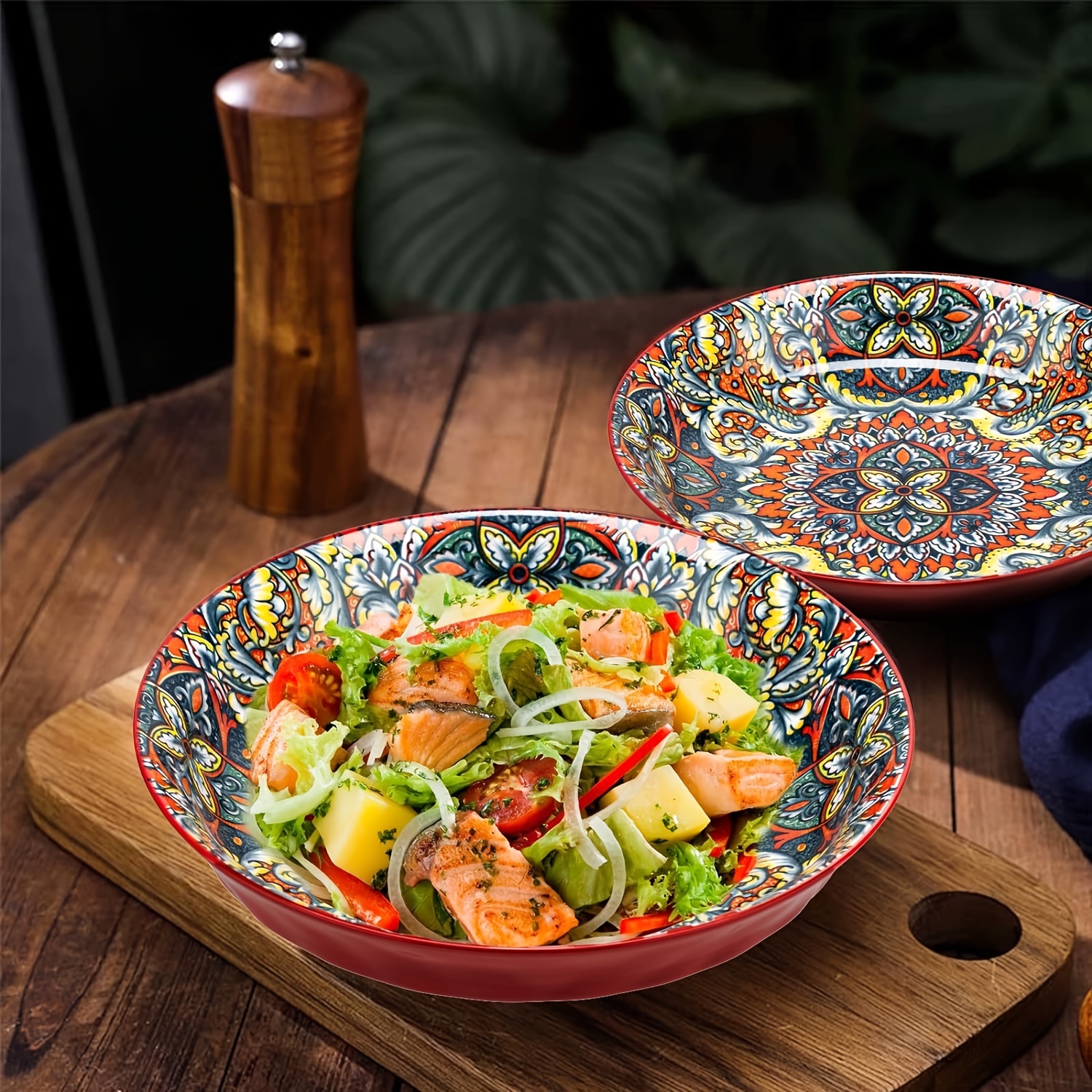 Boho Chic 2pcs Set 8 Inch Deep Ceramic Plates Floral Design for Salad Fruit Rice All Season Round Dinnerware ph225 H4