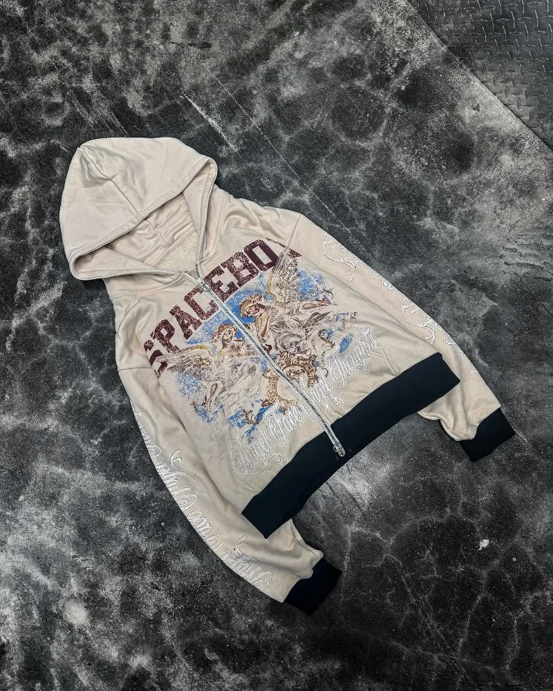 Street Installation American Retro Gothic Alphabet Picture Large Zipper Hoodie Mens Y2K Harajuku Hip Hop Gothic Casual Clown Coat 240930CJ