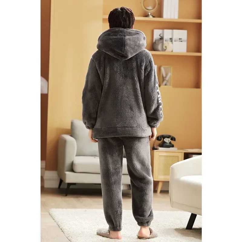 Autumn Winter Men Pajamas Coral Velvet Padded Male Hooded Loungewear Thickened Warm Flannel Cotton-padded Jacket Homewear Suit Y240913