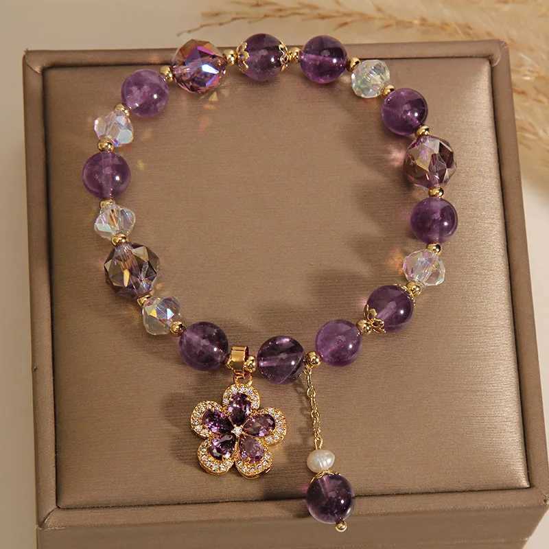 FEEHOW 2024 New Amethyst Bead Bracelet Suitable for Women Shining Zircon Flower Water Drop Charm Fashionable Party Handmade Jewelry W240913