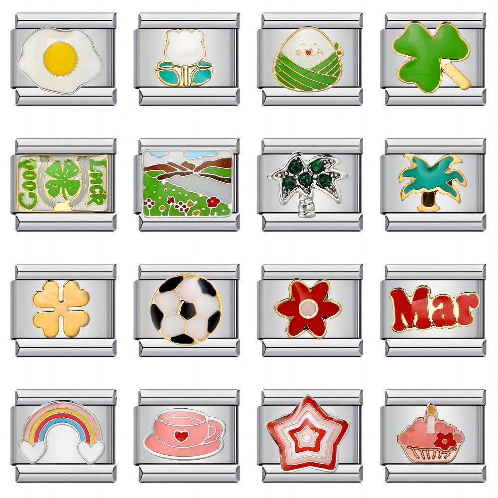 Titanium Steel Gold Plated Italian Personalized Enamel Welding Pattern Bracelet Italian Charm Links Stainless Steel Fit 9mm Bracelet Jewelry DIY Makin