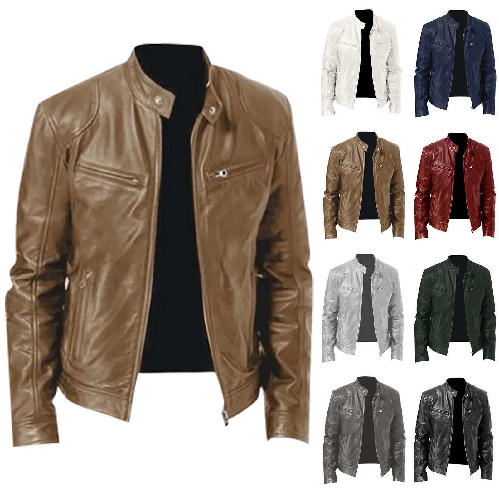 Men Leather Jacket Stand Collar Slim Pu Leather Jackets Spring Autumn Mens Motorcycle Causal Long-sleeved CoatX240913
