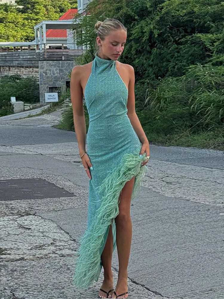 Asymmetric Feather Hem Evening Dress Women Sexy Halter Off Shoulder Sveless Backless Slim Robes Lady Club Party Dresses