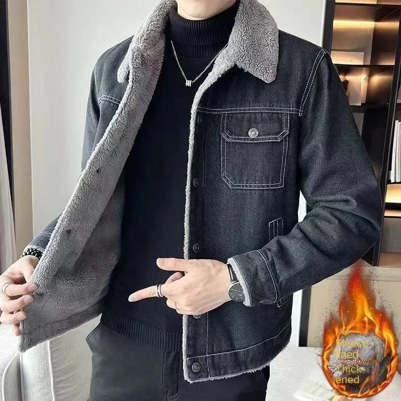 Winter Mens Denim Coat Plush Thickened Lamb Fleece Collar Casual Jacket Large n Feel Loose Men 240905