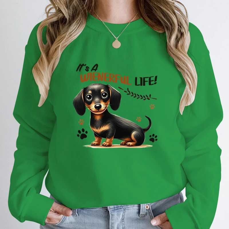 Dachshund Its A Wienerful Life Print Pullover For Women Autumn and Winter Casual Round Neck Pullover Dachshund Sweatshirts M240912