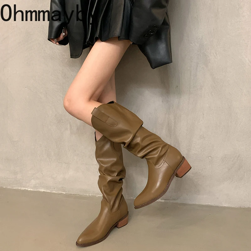 Style Retro Women Western Cowgirl Boots Fashion Slip On Shoes Autumn Winter Square Low Heel Ladies Knight Long Booties 5ff1